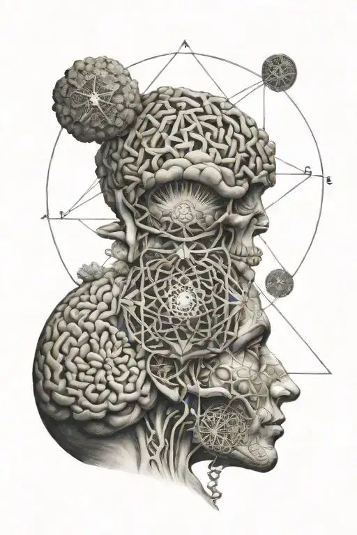 micro realism small pineal gland above a real brain and with sacred geometry pattern in the background  tattoo design idea