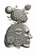 micro realism small pineal gland above a real brain and with sacred geometry pattern in the background  tattoo design idea