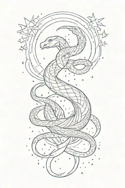 Pale lavender twin Crescent moons laying sideways within a ring of stars on outer forearm   Snakes twined around the Cre tattoo design idea