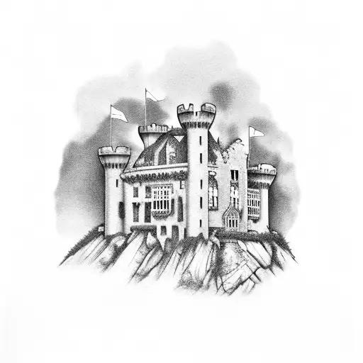 Irish castle in ruins on a green hillside tattoo design idea