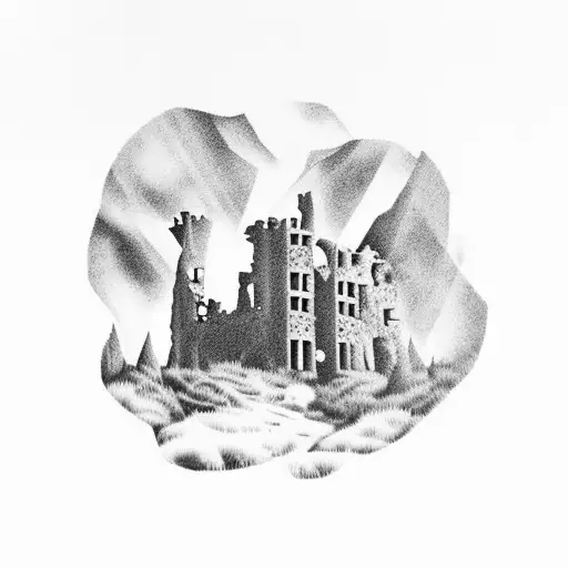 Irish castle in ruins on a green hillside tattoo design idea