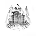 Irish castle in ruins on a green hillside tattoo design idea