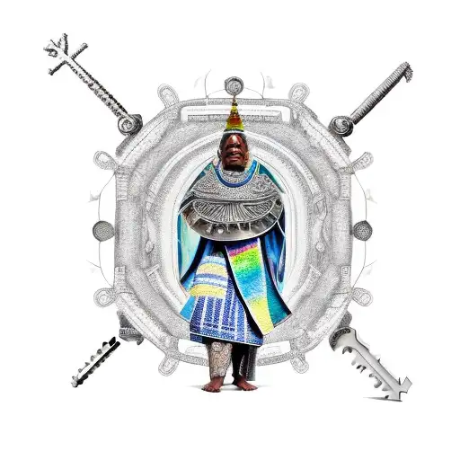 An Umbanda priest wearing an armor made of Chaves keys tattoo design idea