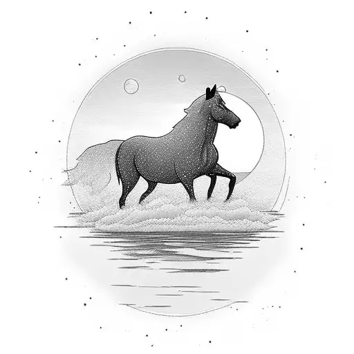 A serene sunset over a peaceful lake, with a silhouette of a horse and a border collie tattoo design idea
