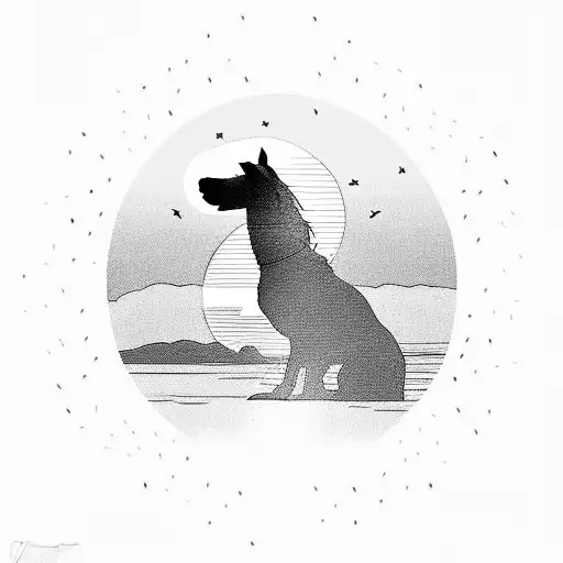 A serene sunset over a peaceful lake, with a silhouette of a horse and a border collie tattoo design idea