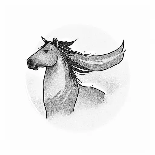 A serene sunset over a peaceful lake, with a silhouette of a horse and a border collie tattoo design idea