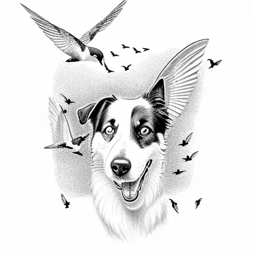 A border collie playfully chasing a flock of hummingbirds tattoo design idea