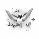 A border collie playfully chasing a flock of hummingbirds tattoo design idea