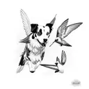 A border collie playfully chasing a flock of hummingbirds tattoo design idea