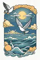 ocean water into sun setting with clouds and a bible verse in the clouds and one dove  tattoo design idea
