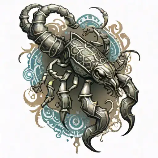 A stunning and enigmatic tattoo design depicting a scorpion in tribal. The creature has a mix of animal features. tattoo design idea