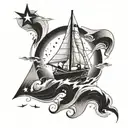 girl on a sailboat lost at sea, North Star  tattoo design idea
