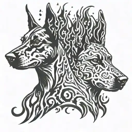 A Doberman and a Belgian Malinois standing side by side, with flames and musical notes swirling around them, representing the client's love for his dogs and metal music tattoo design idea
