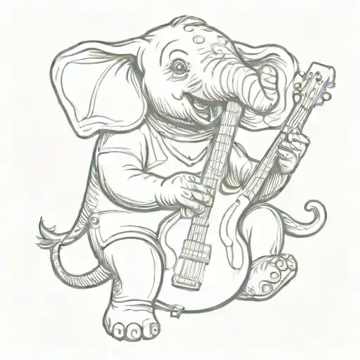 An elephant playing a bass guitar, with the trunk forming the guitar neck, combining the client's love for elephants and bass guitar-metal music tattoo design idea