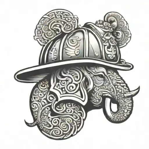 A firefighter helmet adorned with intricate elephant patterns, symbolizing the client's dedication to both firefighting and his favorite animal tattoo design idea