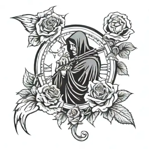 clock, roses and grim reaper tattoo design idea