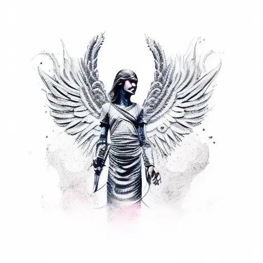 sleeve, right arm, inner forearm, speaker beelding musical blood notes angel flying down head first, sword in speaker tattoo design idea