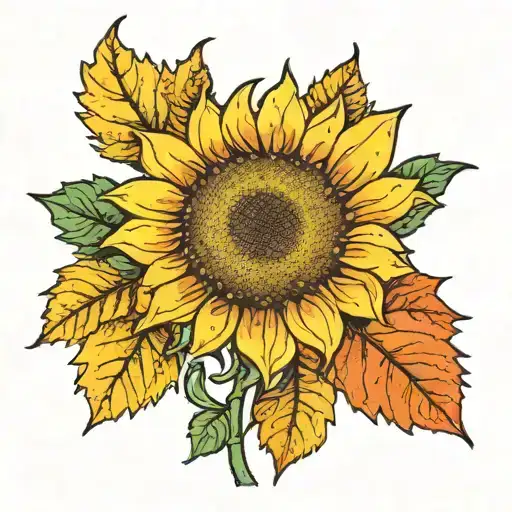 A sunflower blooming in a pixelated video game world, surrounded by Autumn leaves and animals tattoo design idea