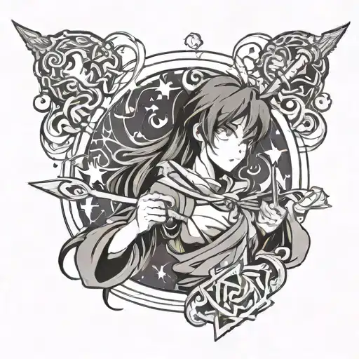 An anime character with magical powers holding a wand tattoo design idea