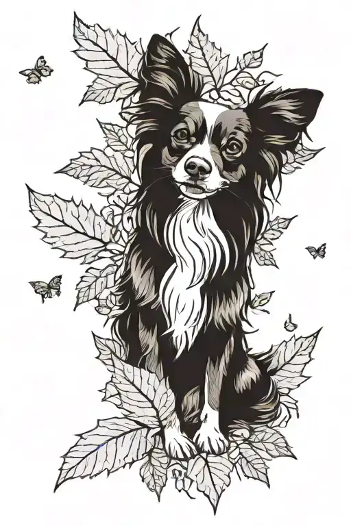 A tattoo of a papillon dog playing in a pile of Autumn leaves, showcasing the client's favorite dog breed and season tattoo design idea