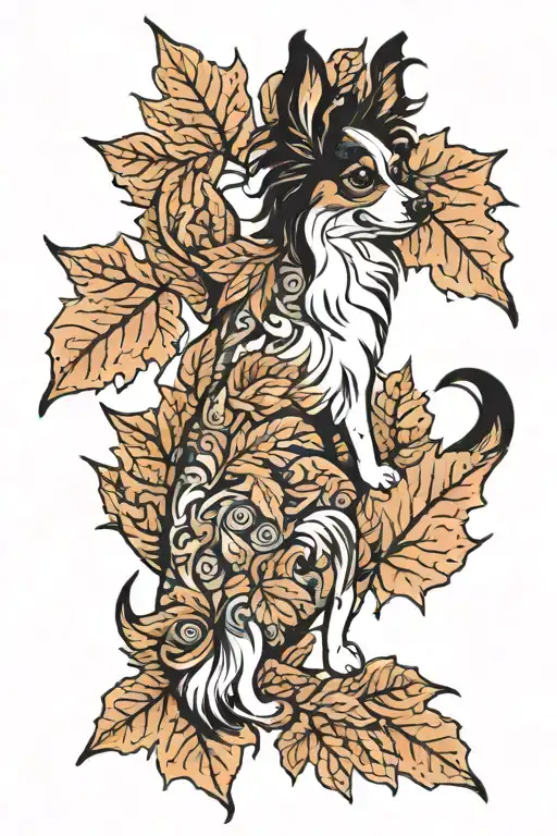 A tattoo of a papillon dog playing in a pile of Autumn leaves, showcasing the client's favorite dog breed and season tattoo design idea
