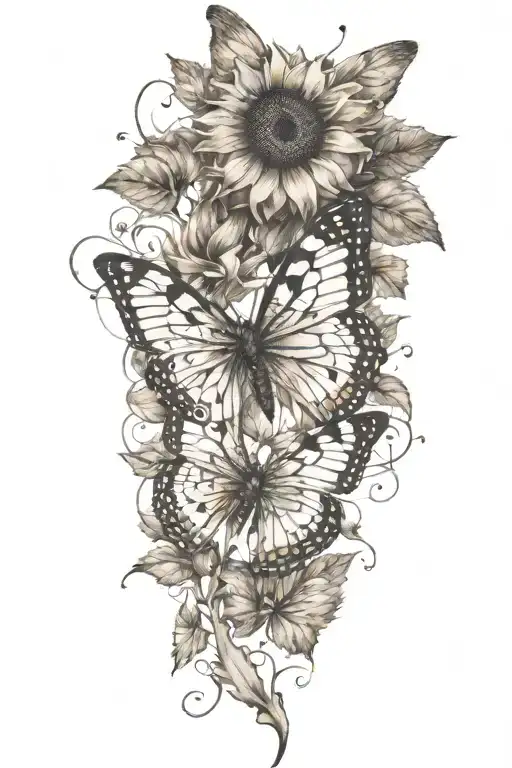 A papillon butterfly perched on a sunflower, with Autumn leaves falling around them tattoo design idea