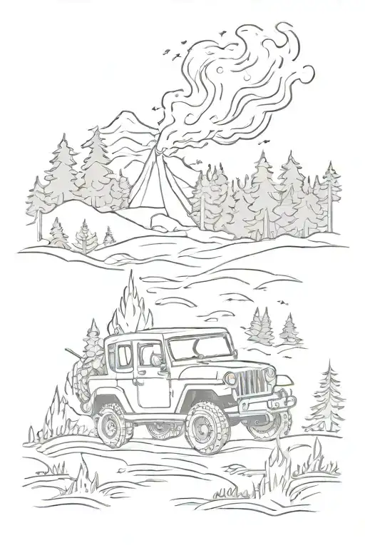 A tattoo of a jeep driving through a forest with a bonfire in the background, capturing the client's love for off-roading and camping tattoo design idea