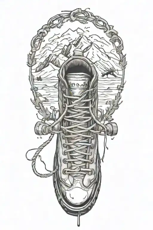 A sewing needle intertwined with hiking boots, with a trail of animal footprints leading into the distance tattoo design idea