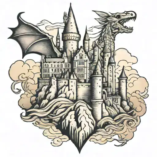 A traditional style tattoo of the Hogwarts castle with a dragon flying overhead tattoo design idea