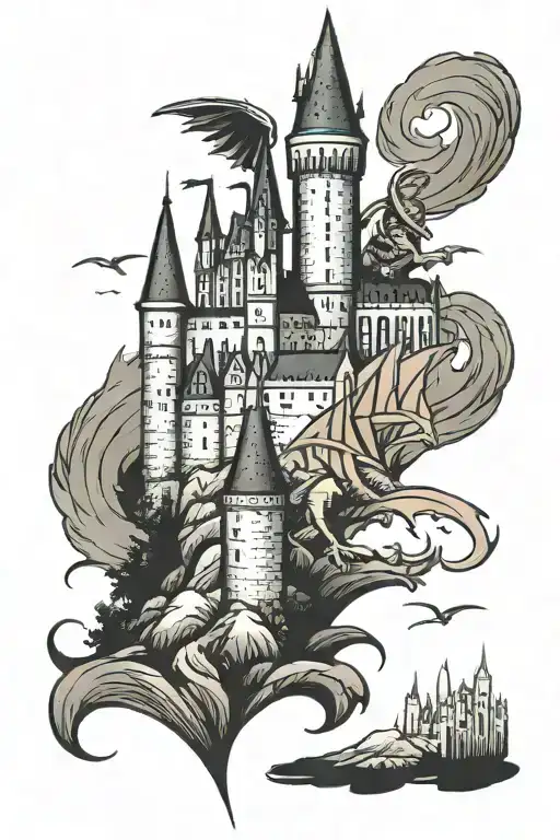 A traditional style tattoo of the Hogwarts castle with a dragon flying overhead tattoo design idea