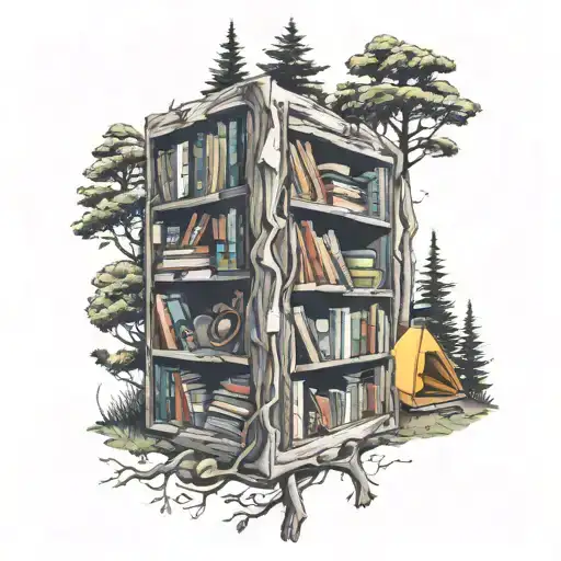 A bookshelf filled with smut books, surrounded by camping gear and trees tattoo design idea