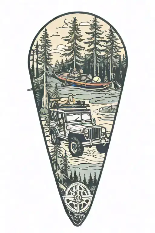 A jeep driving through a forest with a kayak strapped to the roof, surrounded by camping gear tattoo design idea