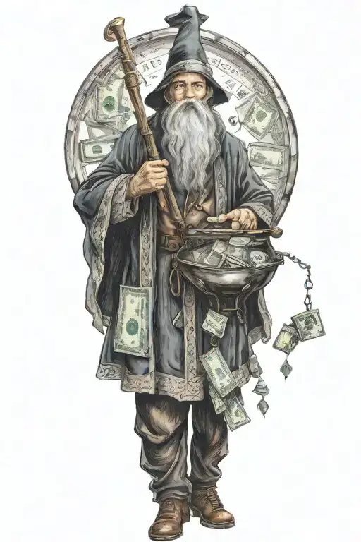 A realistic interpretation of a loan officer dressed as a wizard, holding a cauldron filled with money instead of potion ingredients tattoo design idea