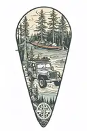 A jeep driving through a forest with a kayak strapped to the roof, surrounded by camping gear tattoo design idea