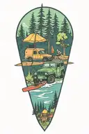 A jeep driving through a forest with a kayak strapped to the roof, surrounded by camping gear tattoo design idea