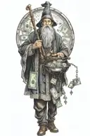 A realistic interpretation of a loan officer dressed as a wizard, holding a cauldron filled with money instead of potion ingredients tattoo design idea