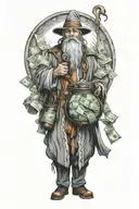 A realistic interpretation of a loan officer dressed as a wizard, holding a cauldron filled with money instead of potion ingredients tattoo design idea