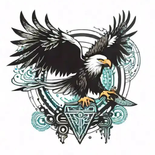 A majestic eagle with outstretched wings, clutching a banner symbolizing loyalty and trust, surounded by symbols of luck tattoo design idea