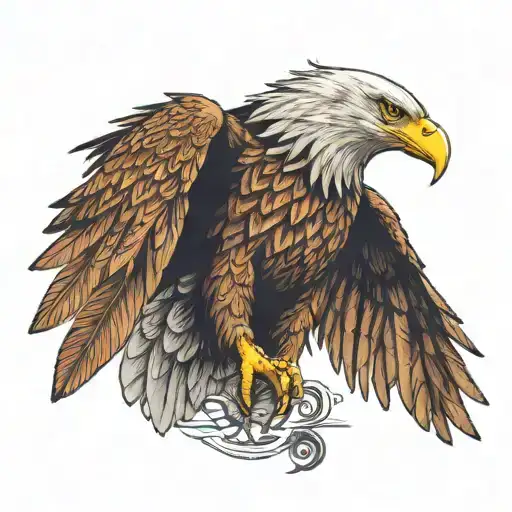 A majestic eagle with outstretched wings, clutching a banner symbolizing loyalty and trust, surounded by symbols of live tattoo design idea