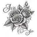 roses with the name Ava and Ella as elegant script tattoo design idea