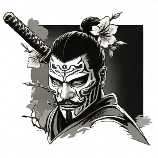 Ghost of Tsushima Samurai mask with sword going through the mask and cherry blossom flower growing from top of mask tattoo design idea