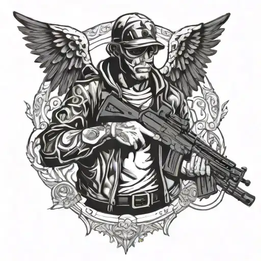 gangster protected by an angel with an AK 47 tattoo design idea