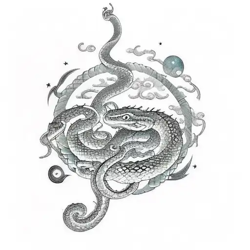 Incorporate a snake and a dragon into a celestial scene with stars and galaxies tattoo design idea