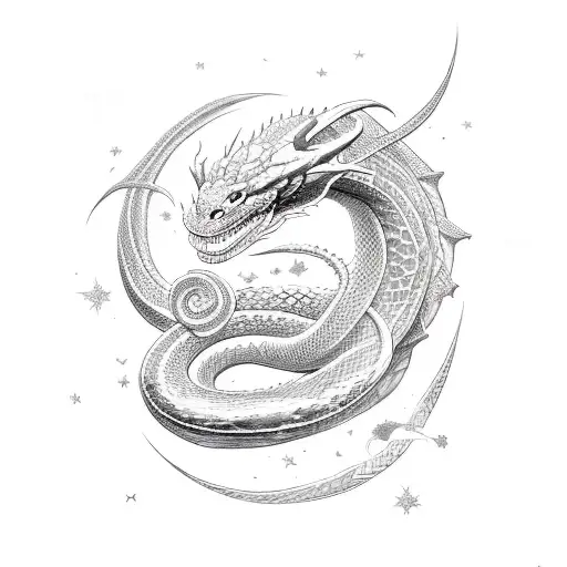 Incorporate a snake and a dragon into a celestial scene with stars and galaxies tattoo design idea
