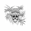 A dotwork tattoo design featuring a skull hand grasping a palm tree with intricate patterns tattoo design idea