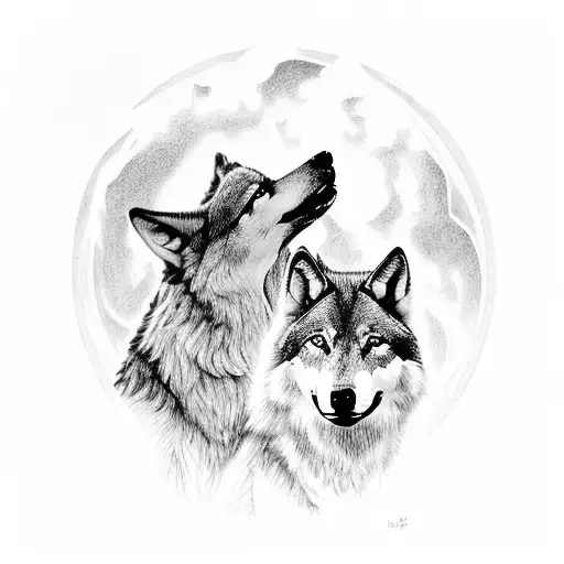 A silhouette of three wolves standing atop a cliff overlooking a vast forest with the word 'family' integrated into the landscape tattoo design idea