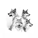 A silhouette of three wolves standing atop a cliff overlooking a vast forest with the word 'family' integrated into the landscape tattoo design idea