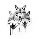 A silhouette of three wolves standing atop a cliff overlooking a vast forest with the word 'family' integrated into the landscape tattoo design idea