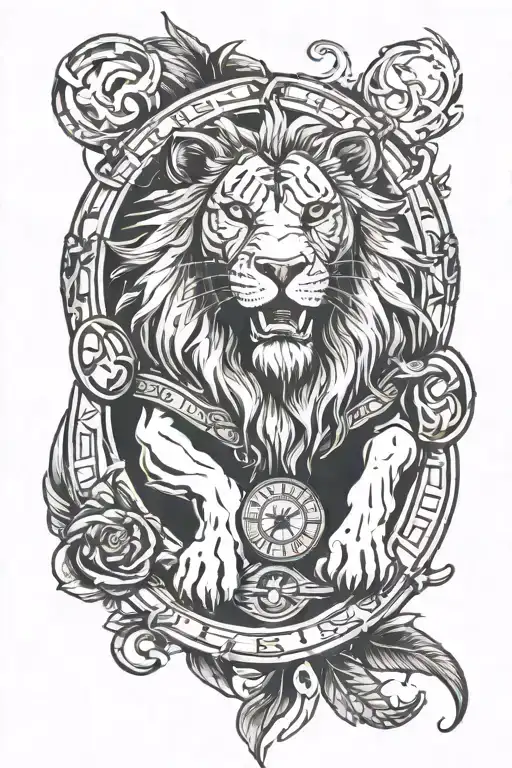 smoking camp fire rising into a lion time clock and in the lions eyes is the elden ring rings logog tattoo design idea