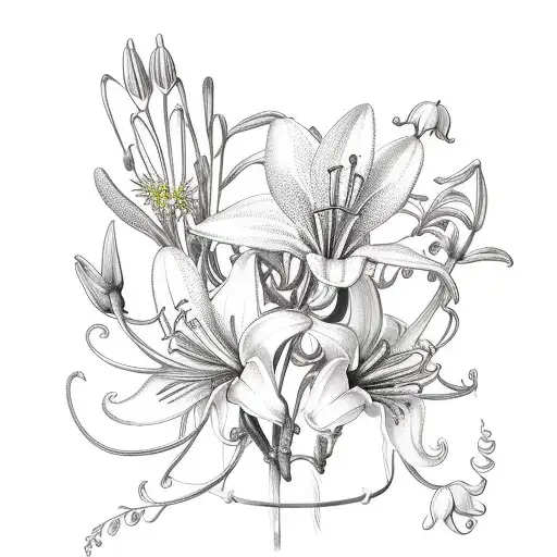 A delicate bouquet of jacobs ladder flowers intertwined with tigerlilies and lily of the valley, adorned with a baby blue ribbon tattoo design idea